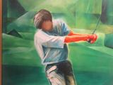 tableau représentant un homme brandissant un club de golf sur un fond vert