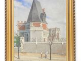 an oil painting of a house on a street corner with people walking by