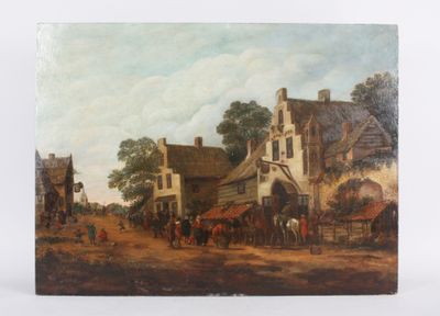 an image of a painting of a village scene with a horse drawn carriage