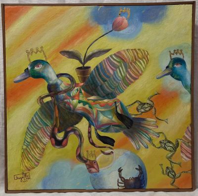 a painting of a bird that is flying in the sky