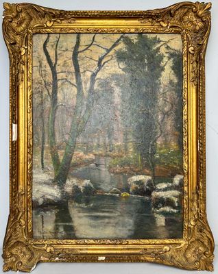 a painting of a stream in a wooded area with trees in the background