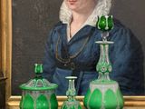 un tableau représentant une femme en robe bleue et trois vases verts