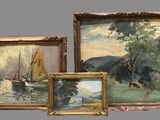 three framed paintings of boats and trees on a gray background