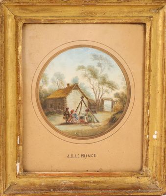 an old picture of a painting of a farm scene in a gold frame