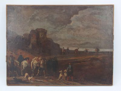 peinture représentant un paysage avec des chevaux et des personnages au premier plan