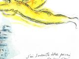 drawing of a yellow bird flying over a building with a quote written on it