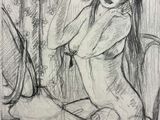 drawing of a woman sitting on a chair in front of a mirror