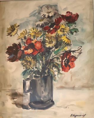 une peinture de fleurs dans un vase sur une table