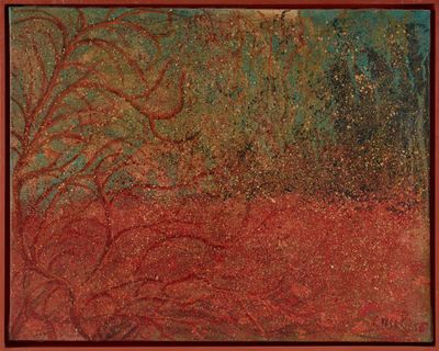 peinture abstraite représentant un champ rouge et vert avec des arbres en arrière-plan