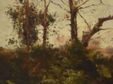 peinture représentant un paysage avec des arbres et une route au premier plan