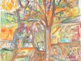 tableau représentant un arbre et un banc dans un parc, avec un banc au premier plan