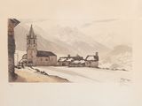 an image of a painting of a village in the mountains