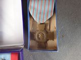 a medal in a box with a ribbon around it