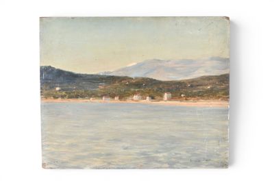 une image représentant une peinture d'une plage avec des montagnes en arrière-plan