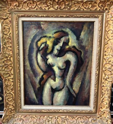 une peinture à l'huile représentant une femme tenant un enfant dans ses bras