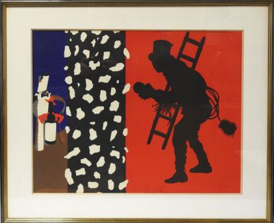 tableau représentant un homme avec une échelle et une chaise dans une pièce