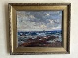 une peinture à l'huile représentant un voilier sur l'océan, dans un cadre doré
