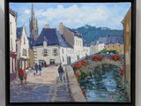 tableau représentant une scène de rue avec des personnes marchant sur un pont enjambant une rivière