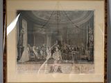 painting of a wedding party in a large room with a chandelier and chandelier