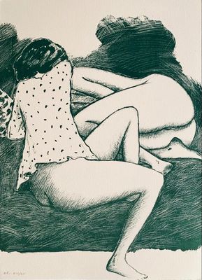 drawing of a woman sitting on a couch with her legs crossed