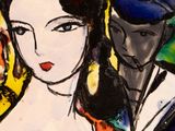 painting of a woman in a red dress and a man in a blue suit