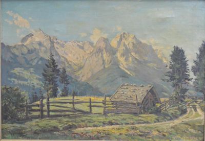 ECOLE SUISSE (?)"Bergerie en montagne, les Alpes", hst, sbd,…