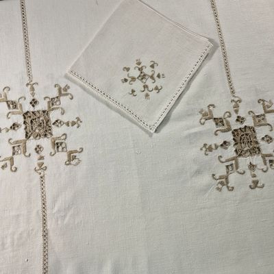 a white table cloth with a cross design on it