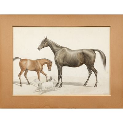 tableau représentant un cheval et un poulain, dans un cadre en bois