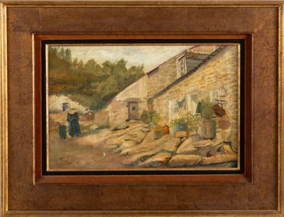 une peinture à l'huile représentant une femme debout devant une maison