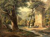 un tableau représentant un homme et une femme dans un bosquet