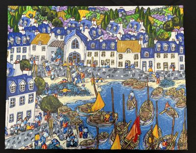 a picture of a painting of a harbor with boats