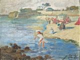 reproduction d'un tableau représentant des personnes sur une plage au bord d'un plan d'eau