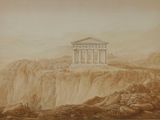 tableau représentant un bâtiment situé sur une falaise, avec un plan d'eau au premier plan