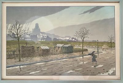 painting of a man walking down a dirt road in a rural area