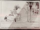 drawing of a man driving a car on a street with palm trees in the background