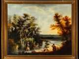 an oil painting of a river scene with a couple of men and a dog