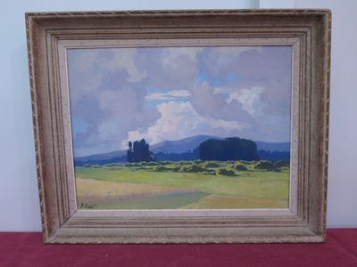 une peinture à l'huile représentant un champ avec un château au loin