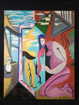 tableau représentant une femme assise devant un tableau représentant un homme et une femme