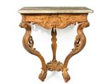 an old wooden table with a marble top on a white background