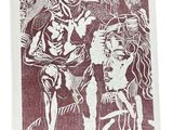 a red and white drawing of a man and a woman on a horse