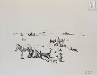 dessin représentant un groupe de personnes debout autour d'un cheval attelé par un homme