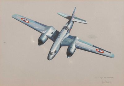 peinture représentant un avion volant dans le ciel, avec un cercle rouge sur l'aile