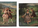 two paintings of a man and a woman with a basket of flowers