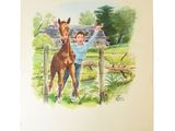 tableau représentant un garçon debout à côté d'un cheval devant une maison