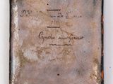 an old book with writing on it sitting on a table