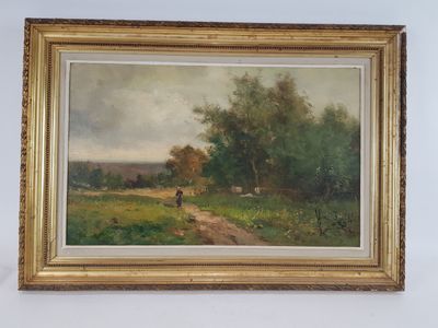 a painting of a person walking down a path in a field