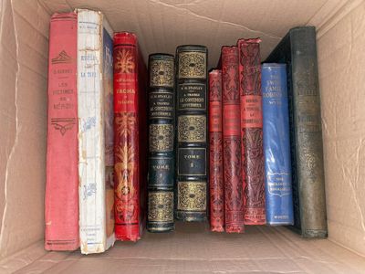 de nombreux livres dans une boîte en carton posée sur l'étagère