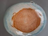 a blue and white bowl with a brown face on it