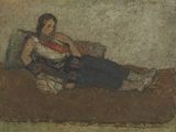 l'image d'un tableau représentant une femme assise sur un canapé