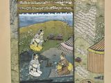 an image of a painting of a man and a woman in a boat